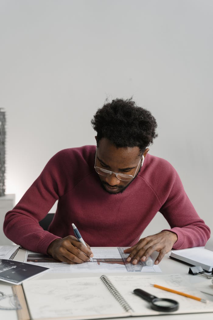 An adult man with afro hair sketching intently at a desk, highlighting creative focus.